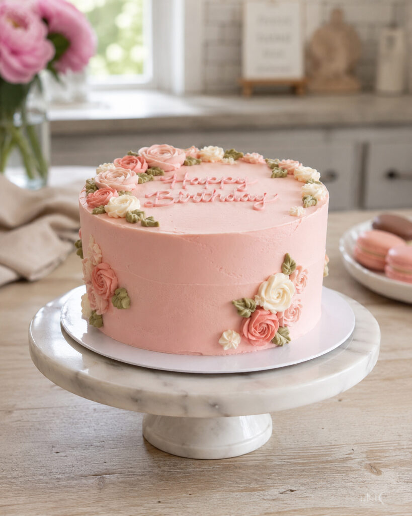 Pink birthday cake with buttercream flowers on a cake stand in a cozy bakery kitchen