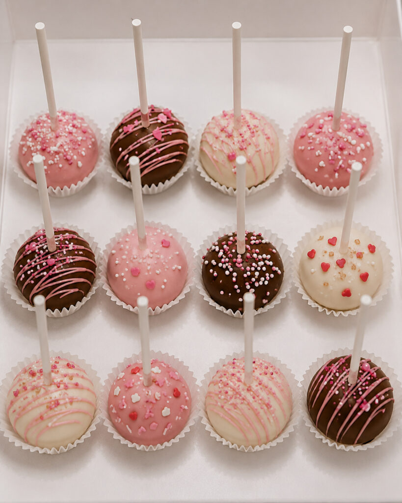 Assorted cake pops in pink, white, and chocolate coating with sprinkles, drizzle, and heart decorations