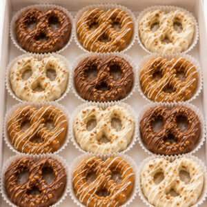 Assorted caramel pretzels covered in chocolate, white chocolate, and caramel drizzle arranged in a bakery box