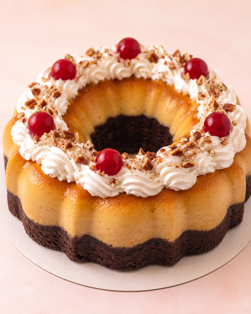 Chocoflan ring cake with caramel flan, chocolate cake, whipped cream, cherries, and chopped nuts