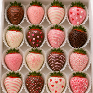 Assorted chocolate covered strawberries decorated with pink, white, and milk chocolate, sprinkles, drizzle, hearts, and candy pearls