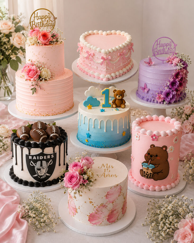 Display of custom cakes for birthdays, baby showers, sports themes, floral events, and character-inspired celebrations