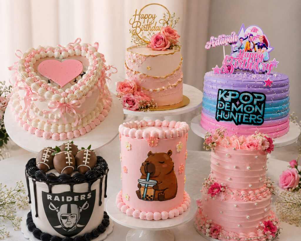 Display of custom celebration cakes with birthday, sports, character, floral, and themed cake designs
