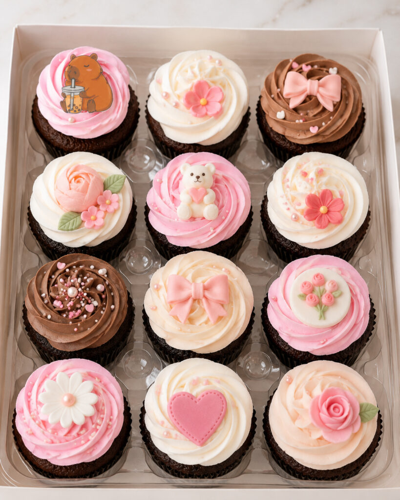 Assorted chocolate cupcakes with pink, white, and chocolate frosting decorated with bows, flowers, hearts, pearls, and cute toppers