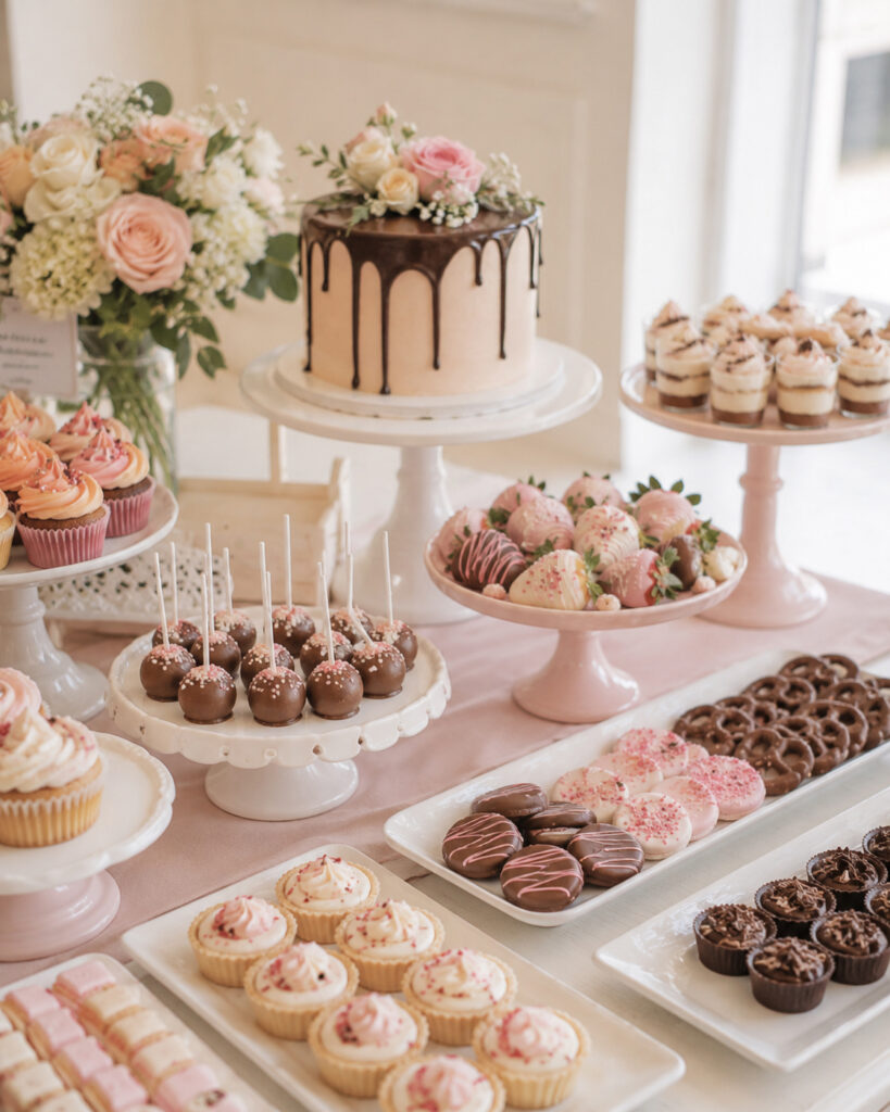 Dessert table with cupcakes, cake pops, chocolate covered strawberries, pretzels, Oreos, and a small cake