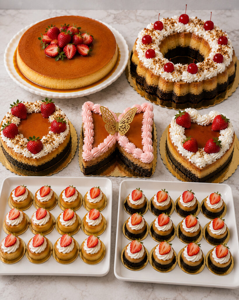 Assortment of flans and chocoflans with mini flans, mini chocoflans, strawberries, whipped cream, cherries, and caramel