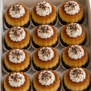 Dozen mini chocoflans with caramel flan, chocolate cake, whipped cream, and chocolate shavings
